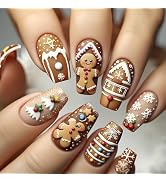 24 Pcs Christmas Press on Nails Short Square Xmas Cute Embossed Gingerbread Man Snowflake Snowhou...