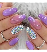 SWEKKE Medium Coffin Purple French Gradient Full Cover False Nails with Glitter Designs - Reusabl...