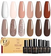 ROSALIND Nude Brown Gel Nail Polish Set, 12 Colors White Nude Brown Gel Polish Soak Off Classic G...