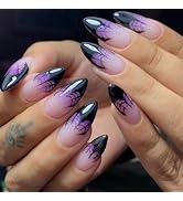 Halloween Press on Nails Almond Medium Fake Nails Purple Black French Gradient False Nails with D...