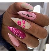 Press On Nails Short Medium Fake Nails Almond, Glitter Full Cover Acrylic Gel Nails, Reusable Fal...