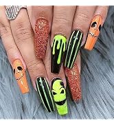 Halloween Press on Nails Long Coffin Fake Nails Full Cover Nightmare Before Christmas Nails Pumpk...