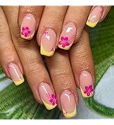 Flower Press on Nails Short Square Fake Nails Yellow French Tip False Nails Glossy Full Cover Acr...