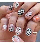 ANDGING Press on Nails Short Oval, Fake Nails for Women with Nude Pink White Black Lattice Flame ...