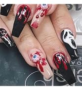 Halloween Press on Nails Coffin Medium Length Fake Nails Black False Nails with Designs Evil Eye ...