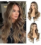 SAPPHIREWIGS Highlight Brown Wig 13x4 Synthetic Lace Front Wigs Natural Wavy for Women Pre Plucke...