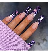 Halloween French Tip Press on Nails Long Coffin Fake Nails Full Black Wacky Ghost False Nails Sta...