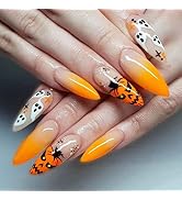 ANDGING Halloween Press on Nails Short Medium Almond, Ghost Pumpkin Oval Fake Nails French Tip Pr...