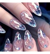 Rhinestones Press on Nails for Art with Diamond Design, Glossy Blue Gradient Medium Almond Acryli...