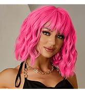 LINGHANG Short Pink Wigs for Women Short Wavy Hot Pink Wigs with Bangs Synthetic Pink Curly Bob W...