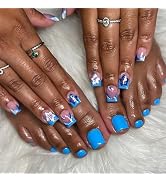 BABALAL Blue Press on Nails and Toenails Matching Set Short Square Fake Toe Nails French Tip Acry...