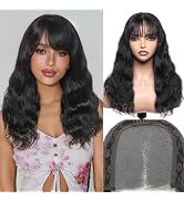 WIGNEE 4x4 Lace Human Hair Wig with Bangs Natural Wave Human Hair Wigs for White Women 16 Inch Gl...
