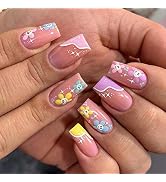ANDGING Press on Nails Short Medium Coffin, Fake Nails for Women with White Nude Pink Emo Flower ...