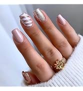 Christmas Press on Nails Medium Square SWEKKE Fake Nails Pink Full Cover White&Glitter Swirl Fals...