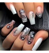 Medium Press on Nails Coffin Fake Nails with Black Floral Designs Light White Nude Acrylic Nails ...