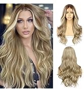 SAPPHIREWIGS Highlight Blonde 13x4 Lace Front Wigs Mixed Brown Hair Medium Length Loose Wavy Ombr...