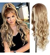 SAPPHIREWIGS Long Curly Wavy Lace Front Wig for Women Pre-plucked Ombre Honey Blonde Wig Long Hea...