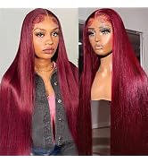 AUOU 28 Inch 99j Burgundy Lace Front Wigs Human Hair 13x4 HD Lace Front Wigs Wine Red Colored Str...