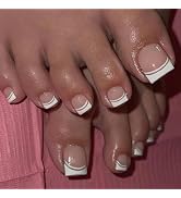 White Press on Toenails Short Square French Tips Fake Toe Nails Glossy Nude Pink Full Cover Acryl...