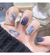 Christmas Press on Nails Short Square Snowflake Fake Nails Blue Full Cover Acrylic Nails False Na...