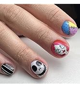 Halloween Press on Nails Short Square SWEKKE Fake Nails Full Cover Nightmare Before Christmas Nai...
