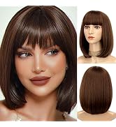 LINGHANG Short Brown Bob Wig with Bangs Synthetic Brown Hair Bob Wigs for Women Heat Resistant Sh...