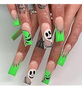 Halloween Press on Nails Long Coffin French Fake Nails Light Green Full Cover Nightmare Before Ch...