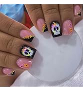 Halloween Press on Nails Short Red Cute Skull Fake Nails Full Cover Square False Nails with Color...