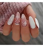Christmas Press on Nails Medium Almond Winter Fake Nails Pink Full Cover White Snow False Nails w...