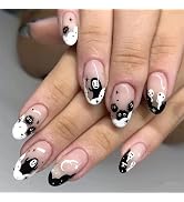 Halloween Press on Nails Almond Short Fake Nails Acrylic False Nails with Black Demon Designs Glo...