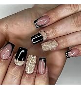 MUZOXEN French Tip Press on Nails Medium Square Fake Nails with Nail Glue Glitter Sequin Artifici...