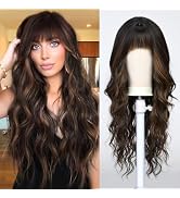 Long Black mix Brown Highlight Wigs for Women Curly Wavy Synthetic Wig with Bangs Natural Looking...