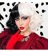 MIMAN Cruella Wig Half Black Half White Wig Cruella Deville Wig Short Curly Bob Wigs with Bangs C...