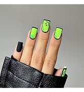 Halloween Black Press on Nails Short Fake Nails Glitter Coffin Acrylic Nails Green Smiley Full Na...