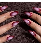 Red Gradient Press on Nails Almond Fake Nails with Designs Sweet Red False Nails Glossy Stick on ...