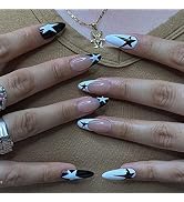 Press on Nails Medium Almond French Tip Fake Nails Full Cover False Nails with Black and White St...