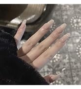 ANDGING Press on Nails Short Medium Coffin, Fake Nails for Women with Milky White Design, Square ...