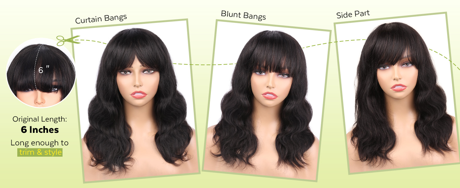 Natural Wave Wigs with Bangs Brazilian Human Hair Wave Wigs For Black Women Natural Black
