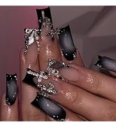 MISUD Press on Nails - Long Square Fake Nails with Goth Black French Tip, Acrylic Gothic Cross De...