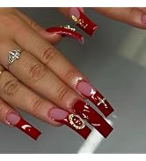 MISUD Press on Nails - Extra Long Curved Fake Nails with Red French Tip, Acrylic Gold Cross Desig...