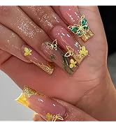 MISUD Press on Nails - Long Square Fake Nails with Bling Gold Glitter, Acrylic Butterfly Rhinesto...