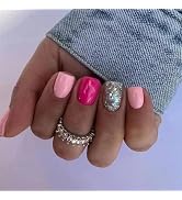 24 Pcs Pink Press on Nails Short Square - YIHONGYAN Spring Fake Nails Press ons Nails Acrylic Nai...