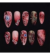 30pcs Horror Halloween Press on Nails Medium Almond Fake Nails with 3D Eyeball Designs Blood Fals...