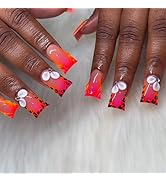 Leopard French Tips Press on Nails Medium Duck Fake Nails with Rhinestone Flower Charm Design Omb...
