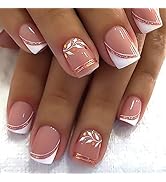 French Press On Nails Short Square, Nude Fake Nails with White French Tip and Minimalist Purple a...