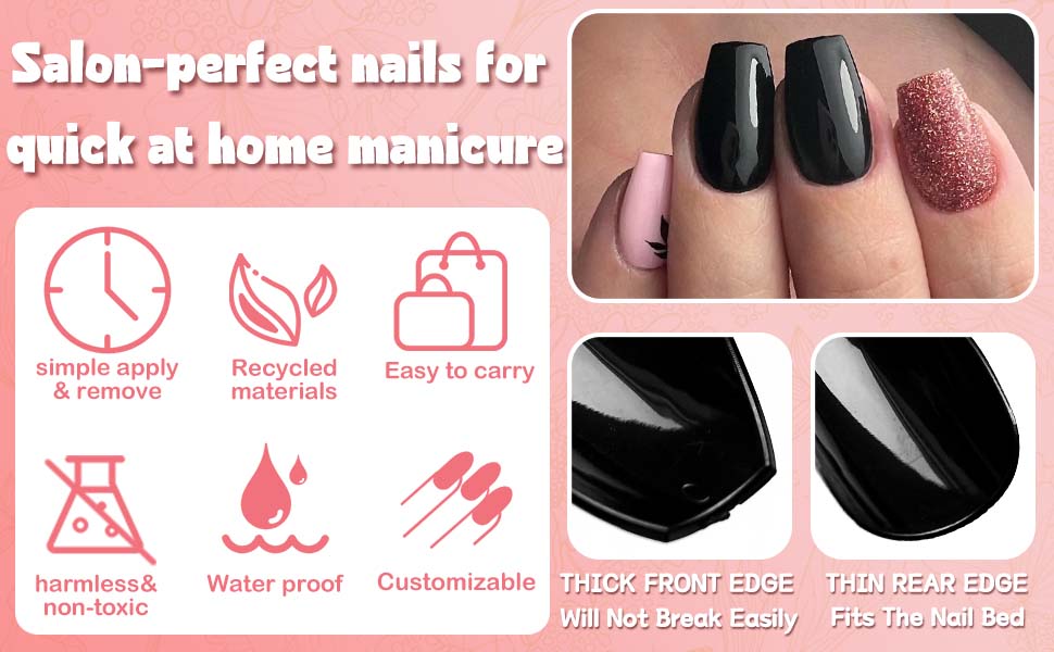 short press on nails coffin fake nails black glue on nails white acrylic nails nude fingernails