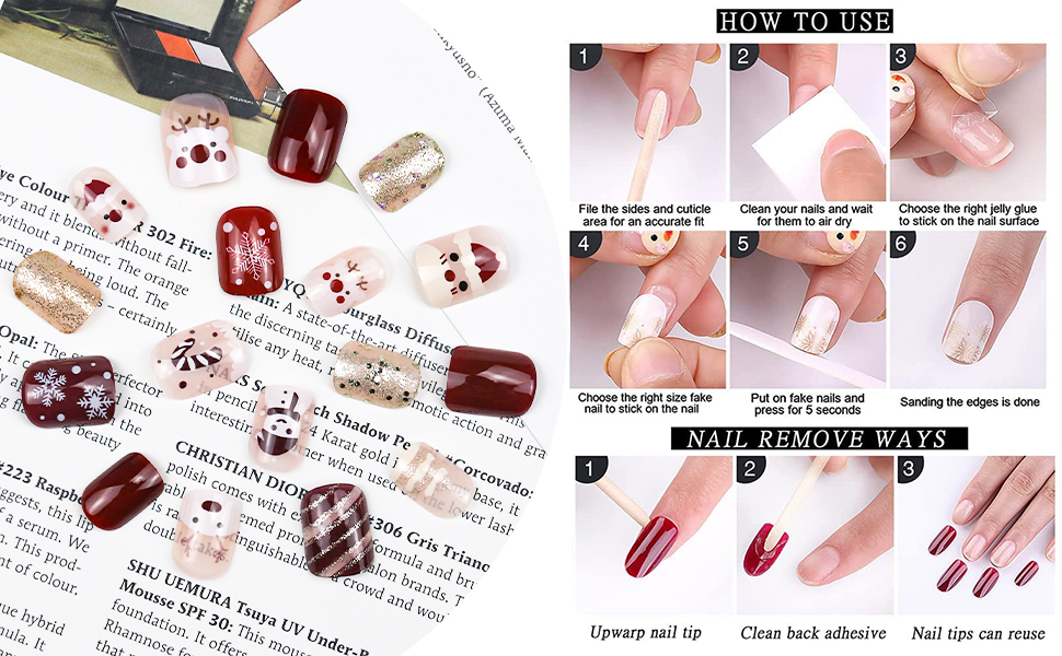 Christmas Red Press on Nails Short Square, Santa Claus Fake Nails with Design Glitter