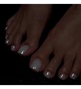 MISUD Press on Nails - Toe Glue on Nails with White Chrome, Acrylic Toenails Pearl Flash Design 2...