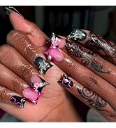 Black Press on Nails Duck Fake Nails with Star Design French Tip Nail Press ons Glossy Glue on Na...