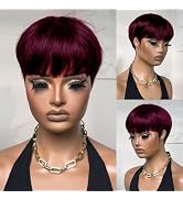 FREEKWEEN Short Pixie Cut Human Hair Wig for black women Burgundy Red Straight Human Hair Non-Lac...